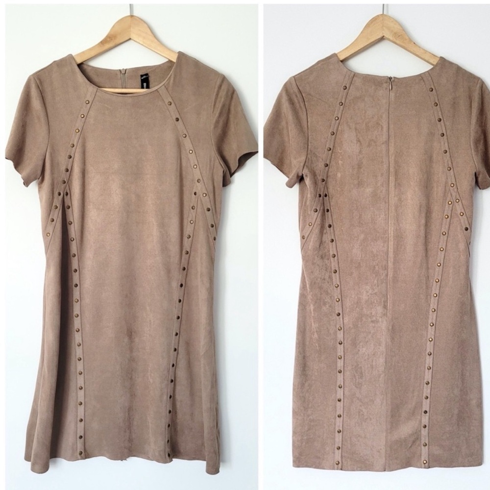 BROWN SUEDE STUDDED T SHIRT DRESS. SIZE SMALL